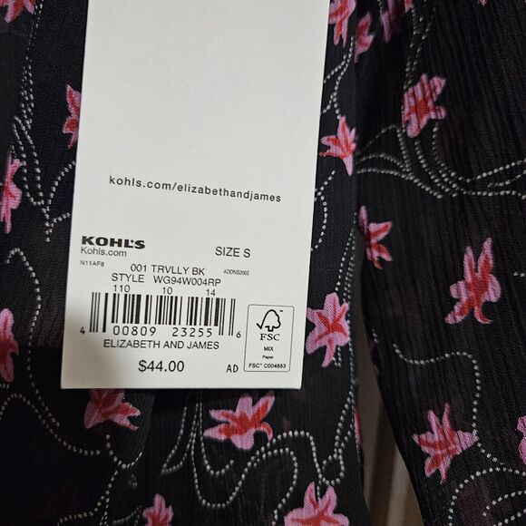 Elizabeth And James Small Long Sleeve Smocked Sheer Blouse Black W/ Pink Flowers - Picture 5 of 5